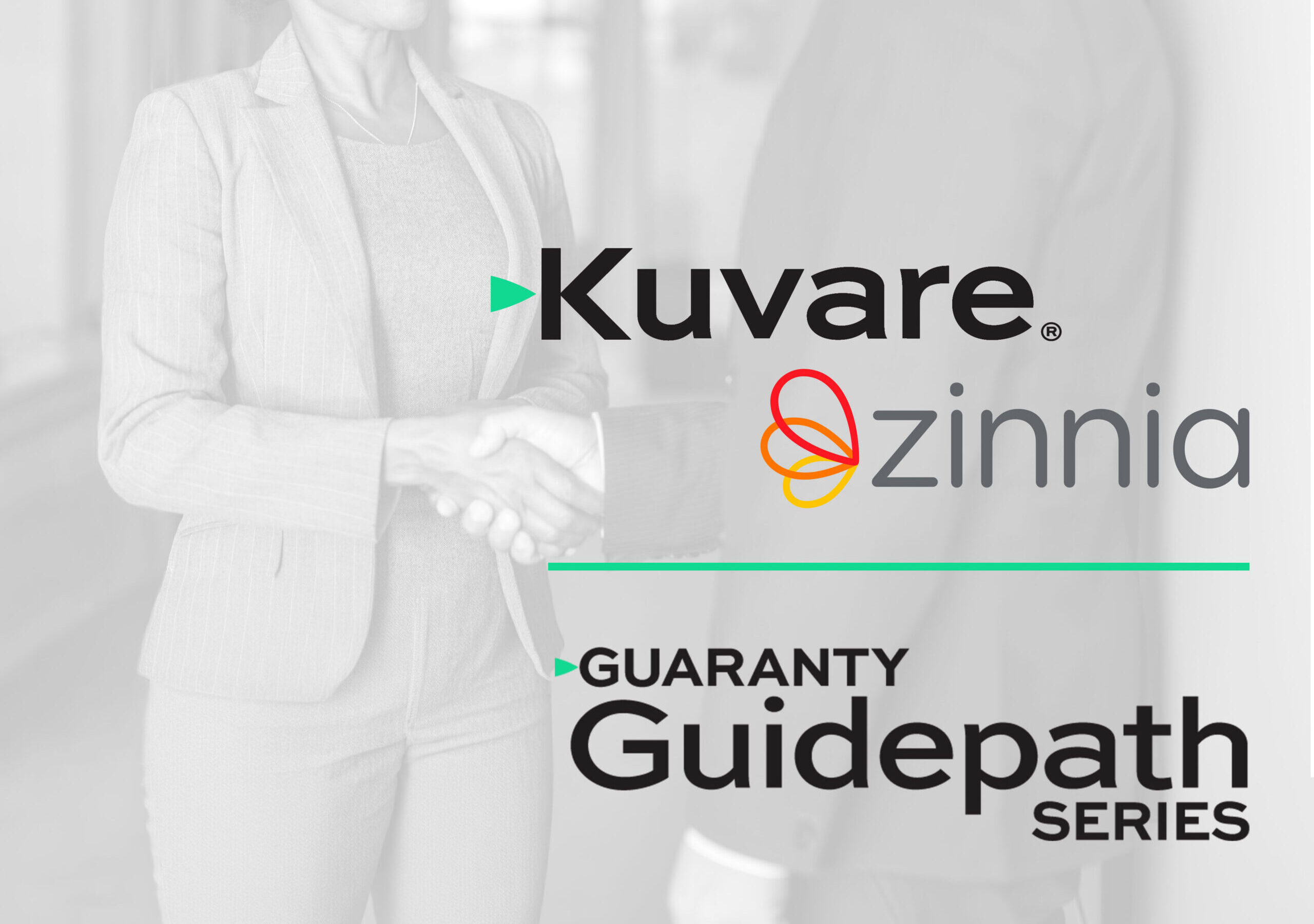 Business people shaking hands in the office. Kuvare logo partners with Zinnia during Guaranty Guidepath product launch.