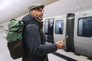 A mature man stands at a subway station, using his smartphone to sign in and preview his annuity.